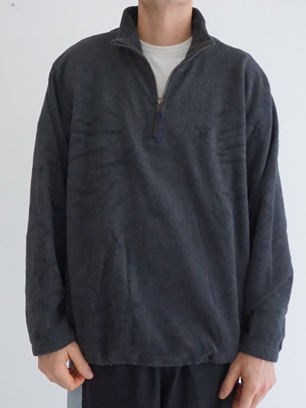 Vintage Gant USA Charcoal Grey Solid Logo Rugger Quarter Zip Mock Neck Outdoor M